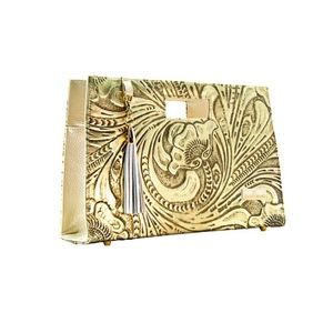 BRAND NEW Gold Clutch Hand Chiseled REAL Leather